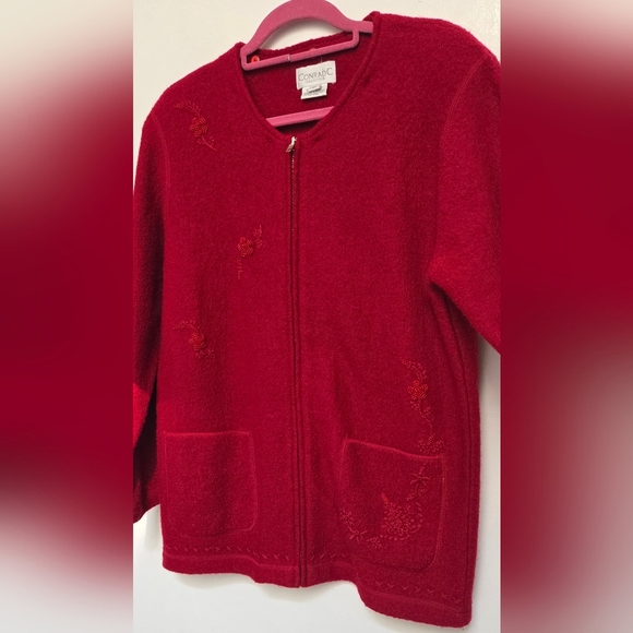Vintage Conrad C 100% Wool Deep Red Full Zip Pocket Open Hand Beaded Cardigan - Picture 8 of 14